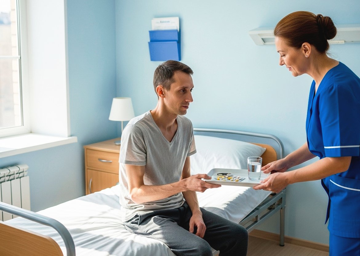 Медсеста подает мужчине лекарство